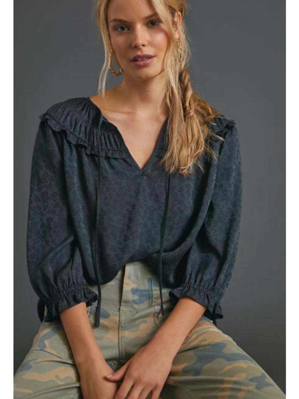 SALE Anthropologie Current Air Southwark Shirred Top Gray Floral Peasant Medium